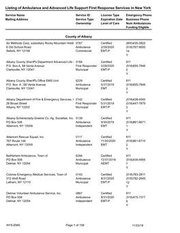 Listing of Ambulance and Advanced Life Support First Response Services in New York