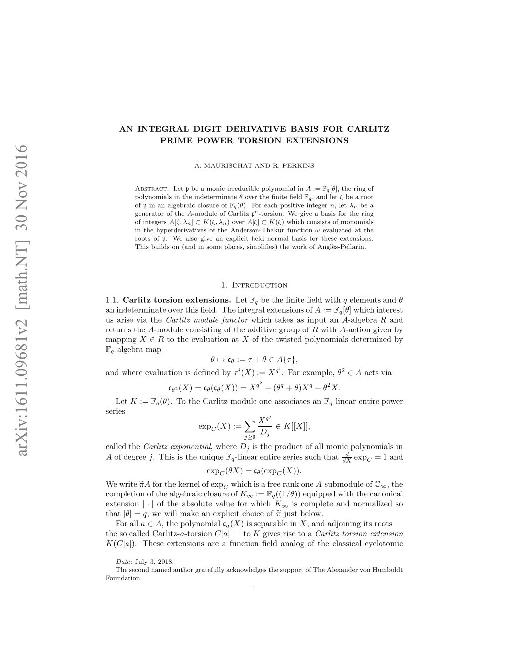 An Integral Digit Derivative Basis for Carlitz Prime Power Torsion