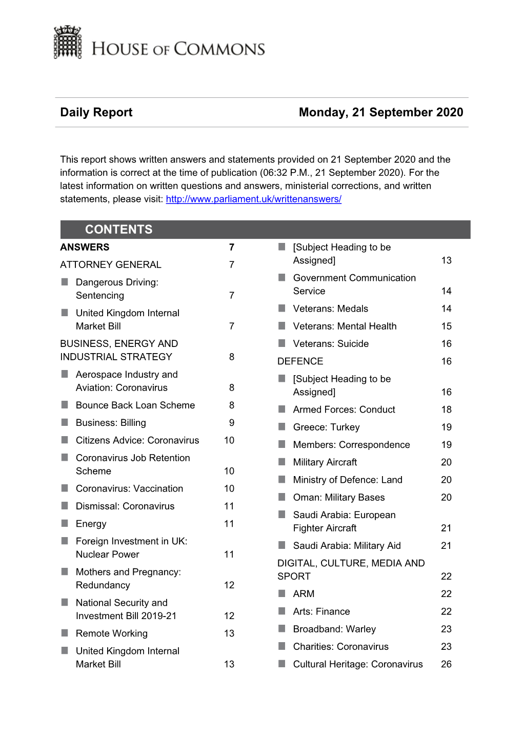 Daily Report Monday, 21 September 2020 CONTENTS