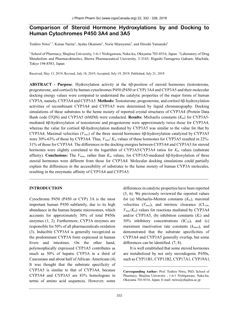 Comparison of Steroid Hormone Hydroxylations by and Docking to Human Cytochromes P450 3A4 and 3A5