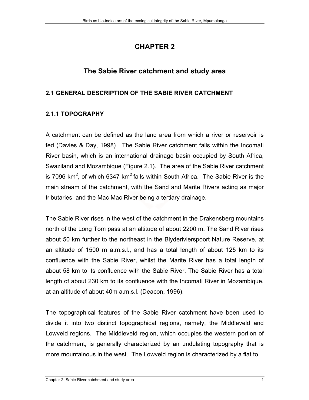 CHAPTER 2 the Sabie River Catchment and Study Area