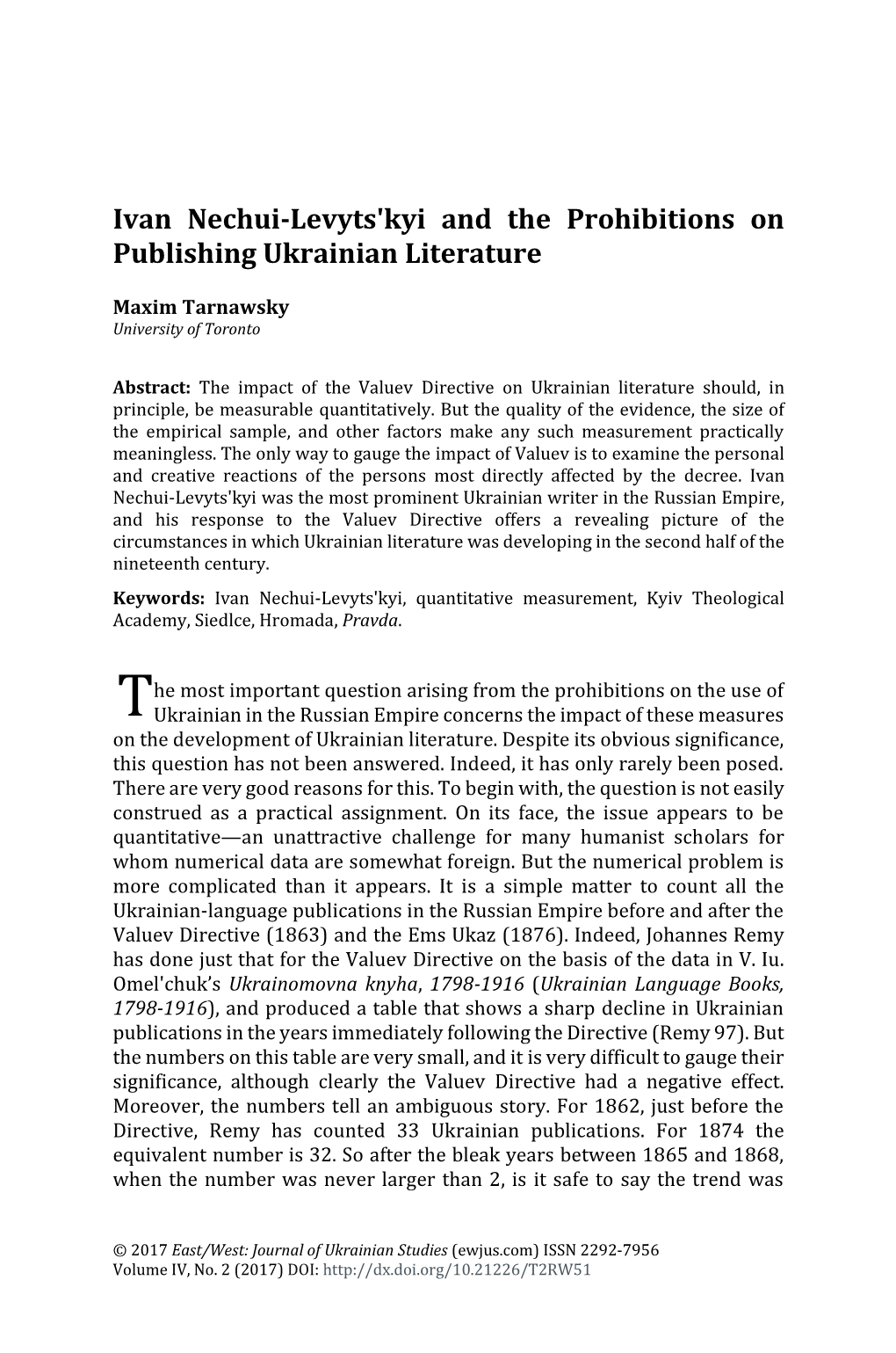 Ivan Nechui-Levyts'kyi and the Prohibitions on Publishing Ukrainian Literature