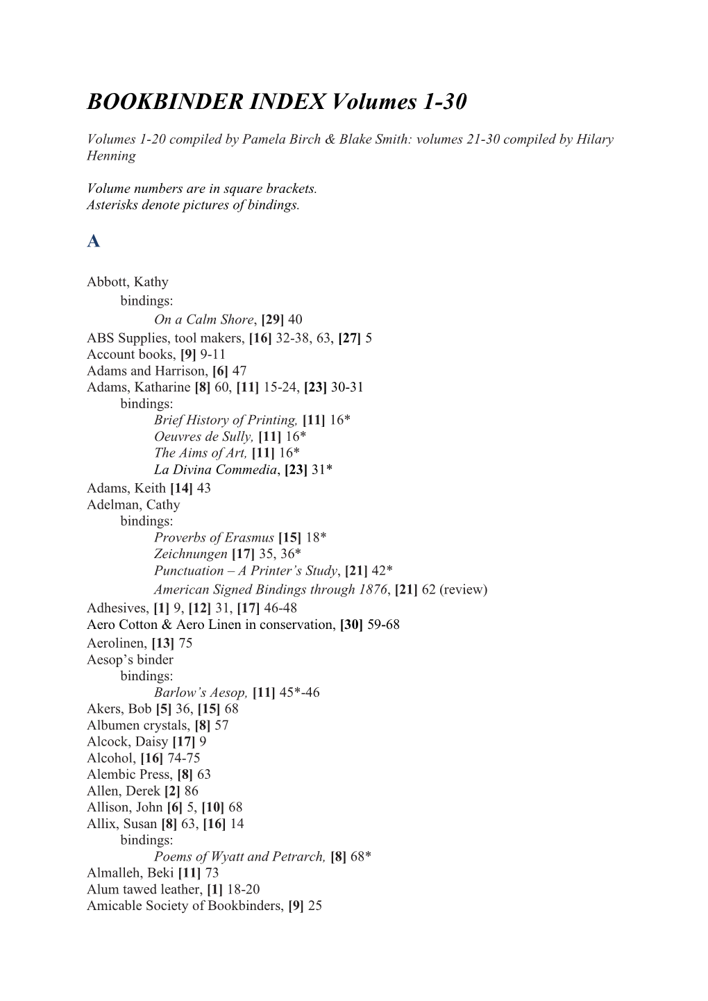 BOOKBINDER INDEX Volumes 1-30