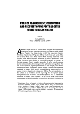 Project Abandonment, Corruption and Recovery of Unspent Budgeted Public Funds in Nigeria