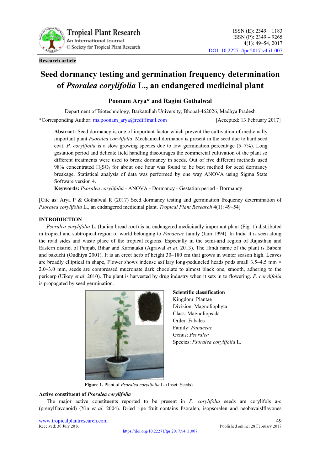 Seed Dormancy Testing and Germination Frequency Determination of Psoralea Corylifolia L., an Endangered Medicinal Plant