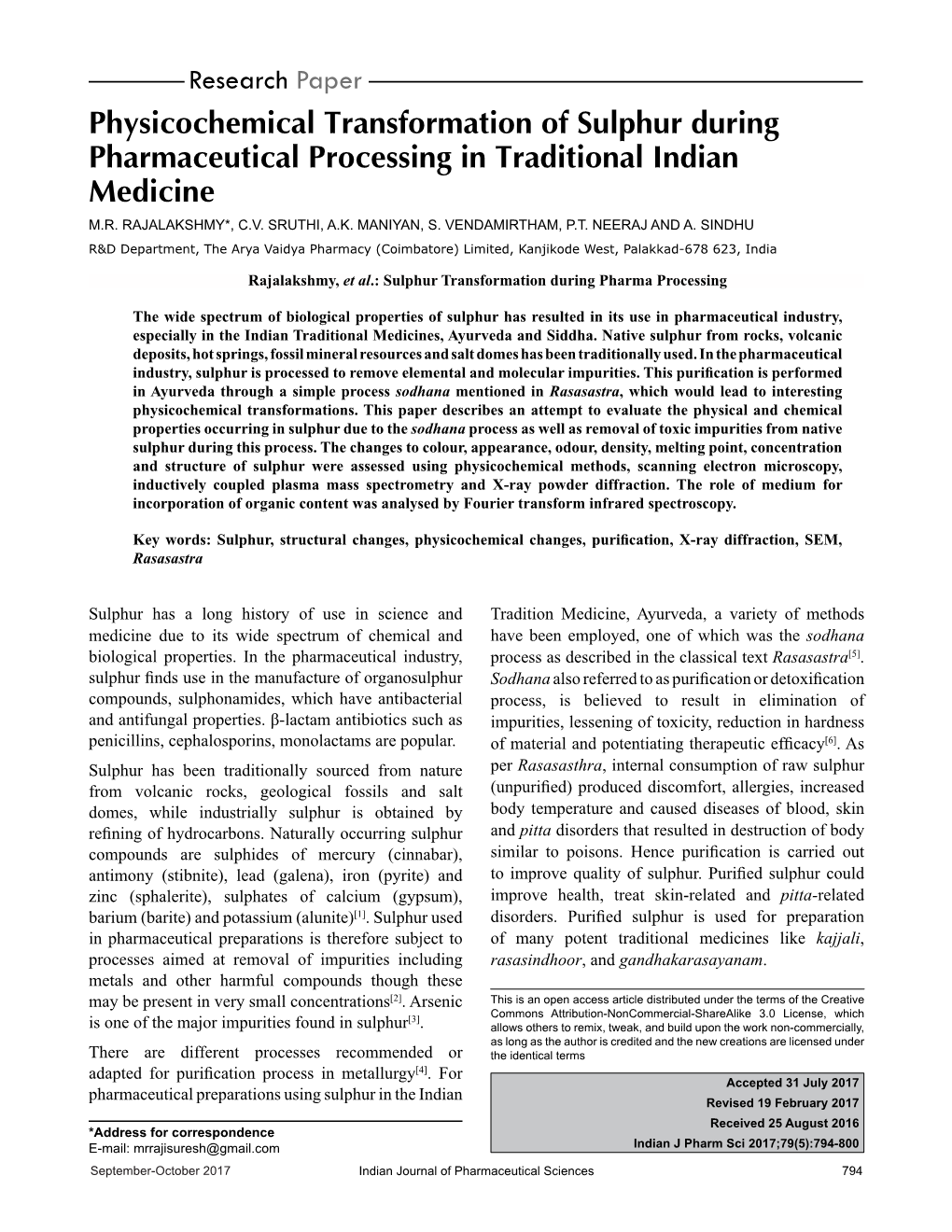 Physicochemical Transformation of Sulphur During Pharmaceutical Processing in Traditional Indian Medicine M.R
