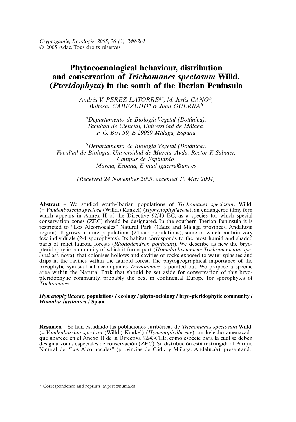 Phytocoenological Behaviour, Distribution and Conservation Of