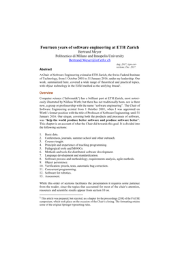 Fourteen Years of Software Engineering at ETH Zurich Bertrand Meyer Politecnico Di Milano and Innopolis University Bertrand.Meyer@Inf.Ethz.Ch Aug