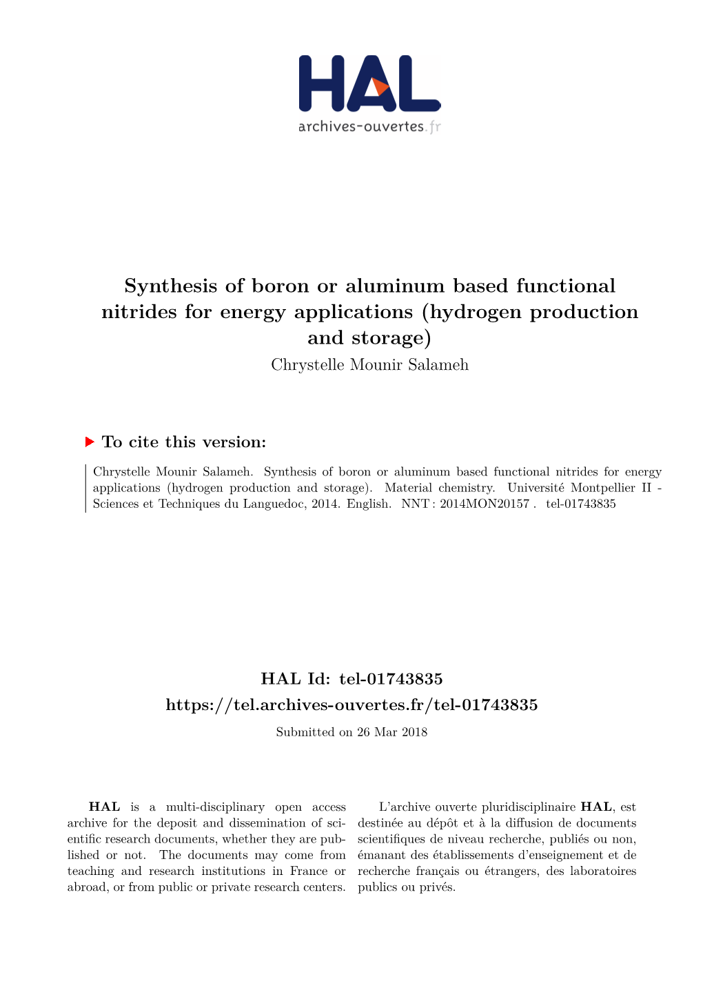 Synthesis of Boron Or Aluminum Based Functional Nitrides for Energy Applications (Hydrogen Production and Storage) Chrystelle Mounir Salameh