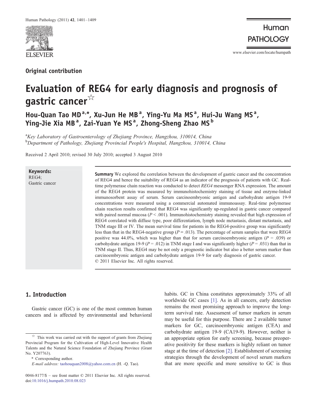 Evaluation of REG4 for Early Diagnosis and Prognosis Of