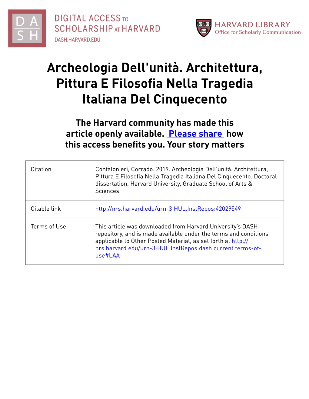 Archeologia Dell'unità. Architettura, Pittura E Filosofia Nella Tragedia Italiana Del Cinquecento