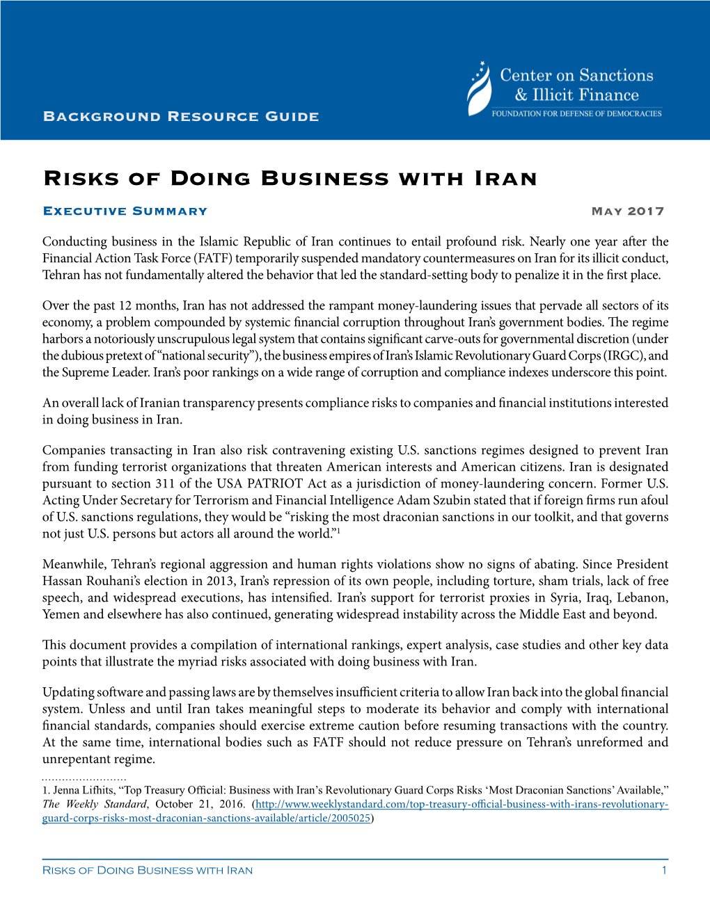 Risks of Doing Business with Iran Executive Summary May 2017