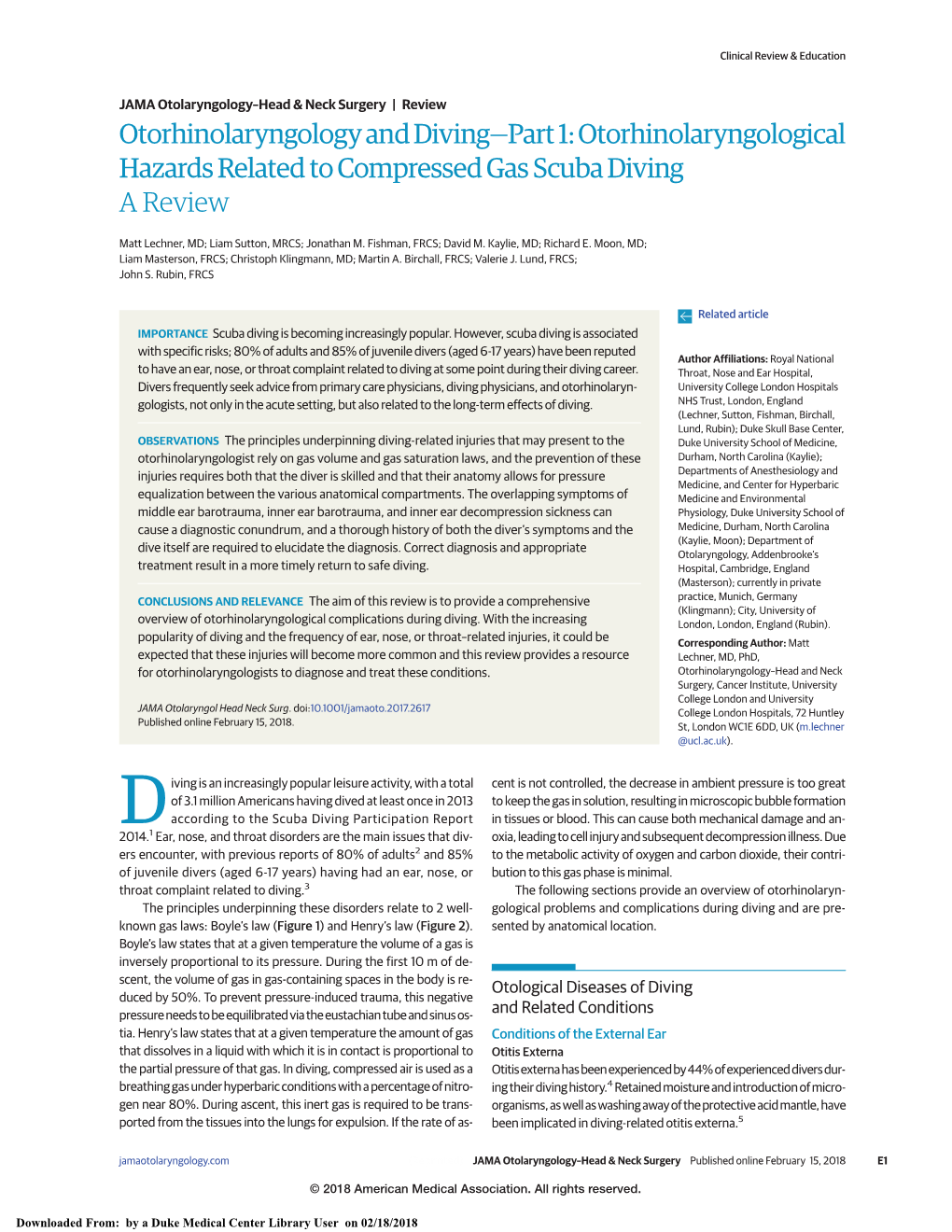 Otorhinolaryngology and Diving—Part 1: Otorhinolaryngological Hazards Related to Compressed Gas Scuba Diving a Review