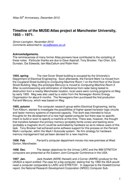 Timeline of the MUSE/Atlas Project at Manchester University, 1955 – 1971