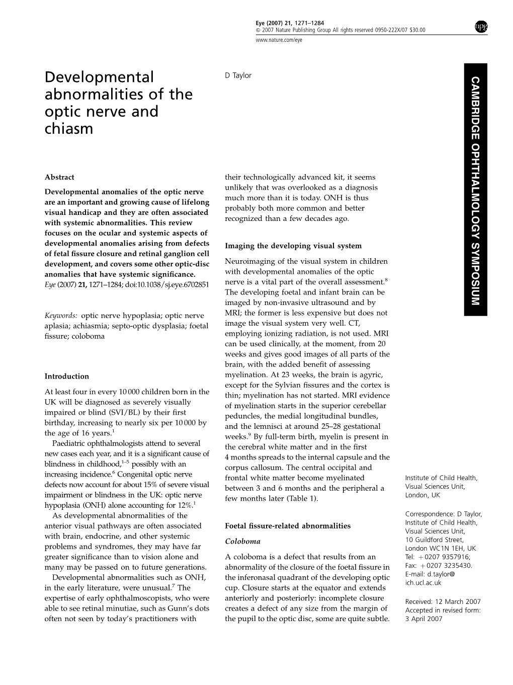 Developmental Abnormalities of the Optic Nerve and Chiasm