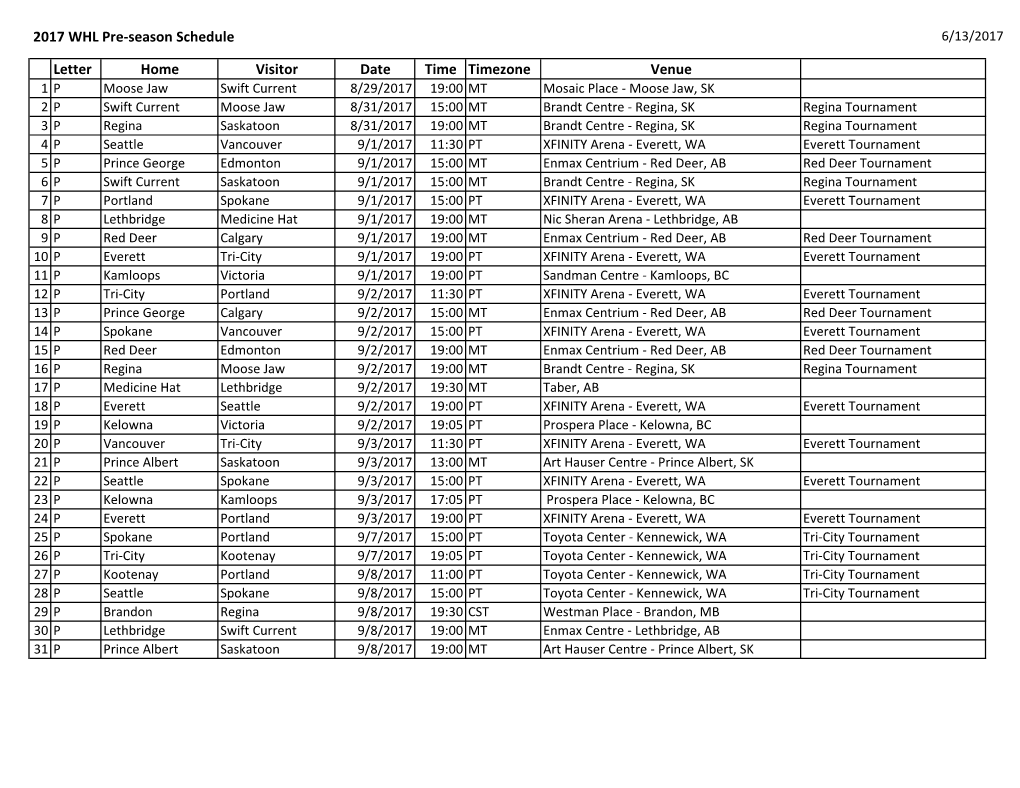 2017 WHL Pre-Season Schedule Letter Home Visitor Date Time