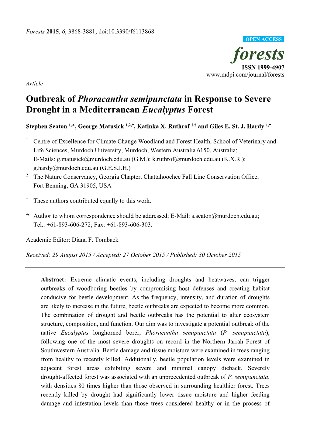 Outbreak of Phoracantha Semipunctata in Response to Severe Drought in a Mediterranean Eucalyptus Forest