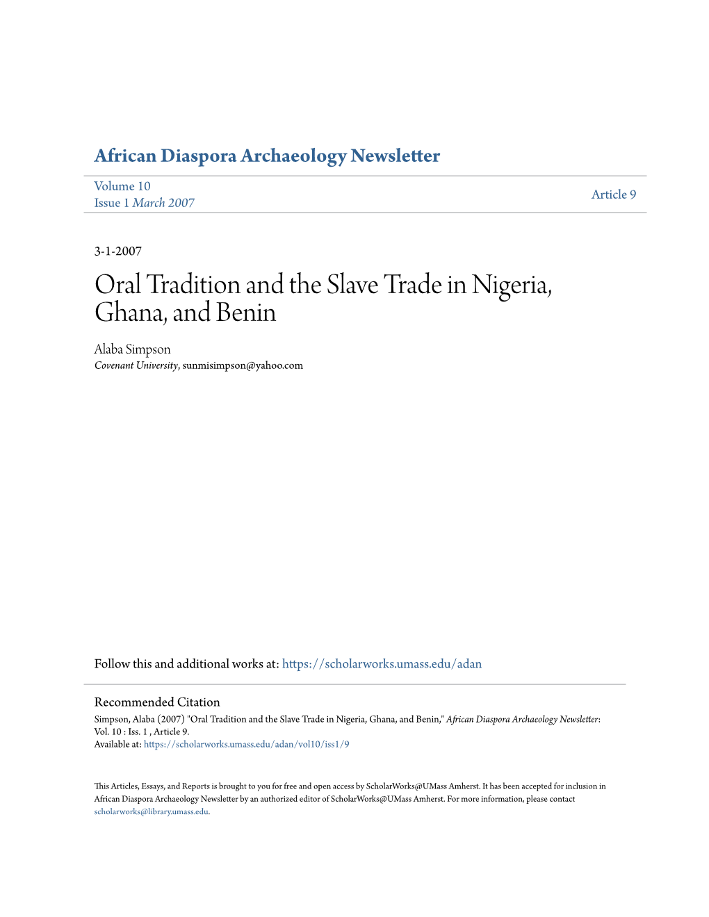 Oral Tradition and the Slave Trade in Nigeria, Ghana, and Benin Alaba Simpson Covenant University, Sunmisimpson@Yahoo.Com