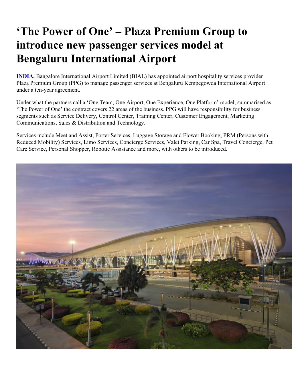 Plaza Premium Group to Introduce New Passenger Services Model at Bengaluru International Airport