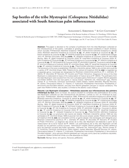 Sap Beetles of the Tribe Mystropini (Coleoptera: Nitidulidae) Associated with South American Palm Inﬂ Orescences