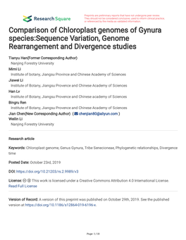 Comparison of Chloroplast Genomes of Gynura Species:Sequence Variation, Genome Rearrangement and Divergence Studies