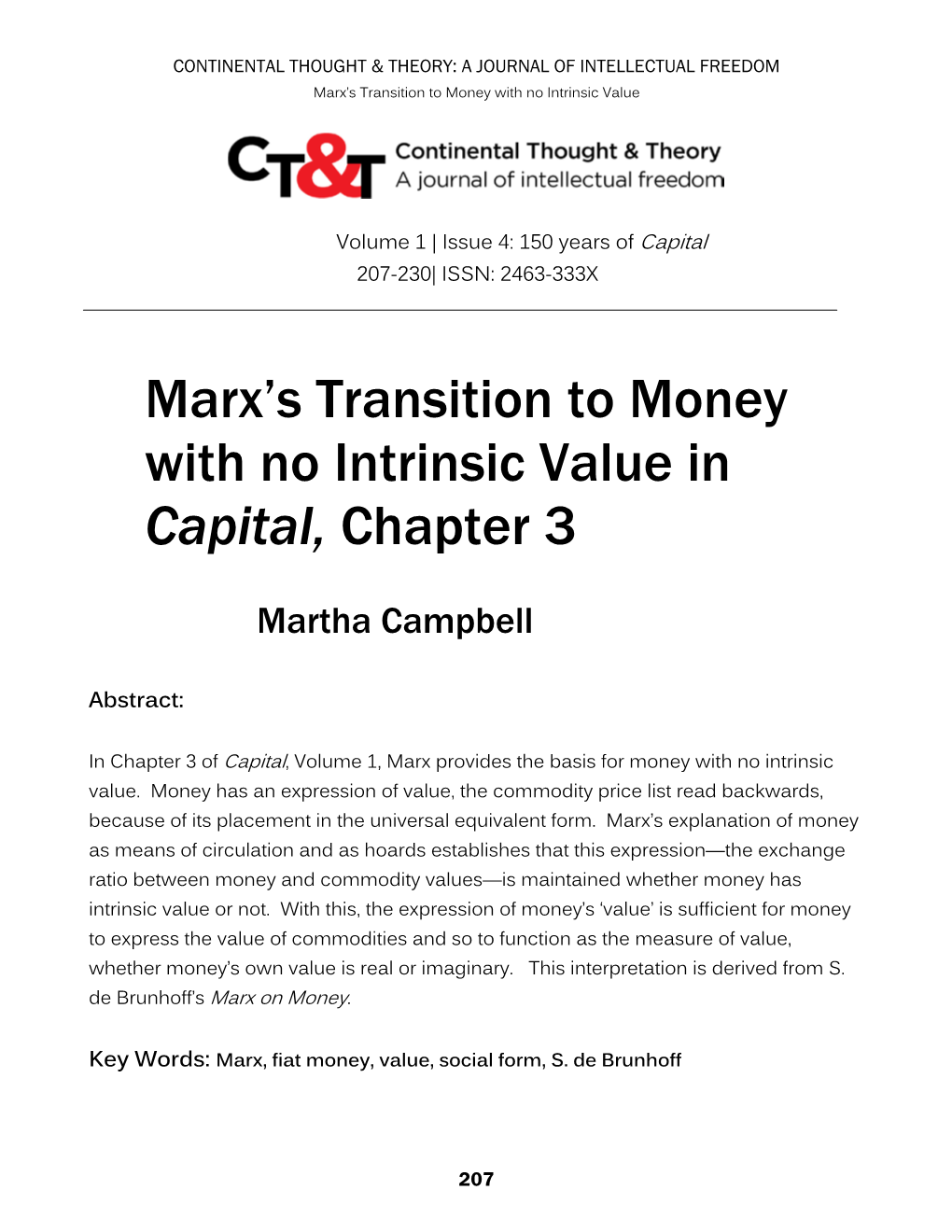 Marx's Transition to Money with No Intrinsic Value in Capital, Chapter 3