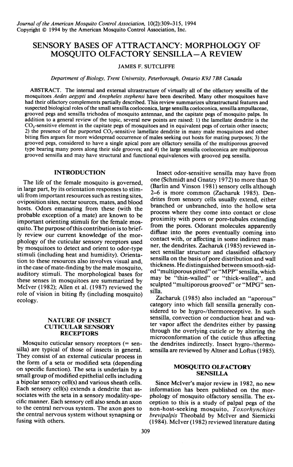 Sensory Bases of Attractancy: Morphology of Mosquito Olfactory Sensilla a Review