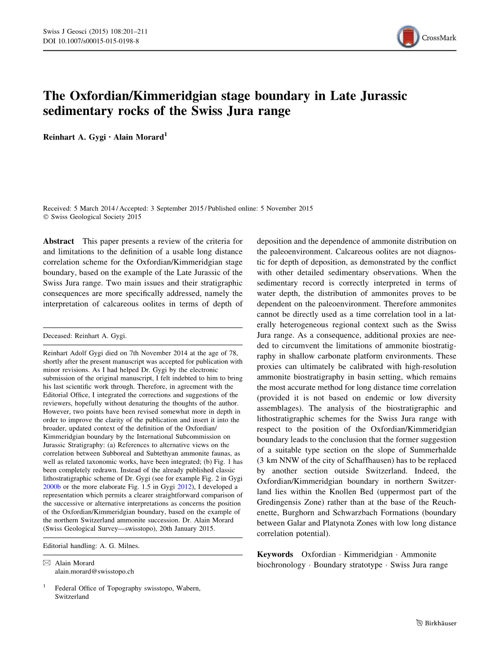 The Oxfordian/Kimmeridgian Stage Boundary in Late Jurassic Sedimentary Rocks of the Swiss Jura Range