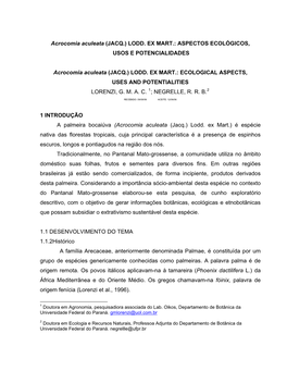 Acrocomia Aculeata (JACQ.) LODD. EX MART.: ASPECTOS ECOLÓGICOS, USOS E POTENCIALIDADES