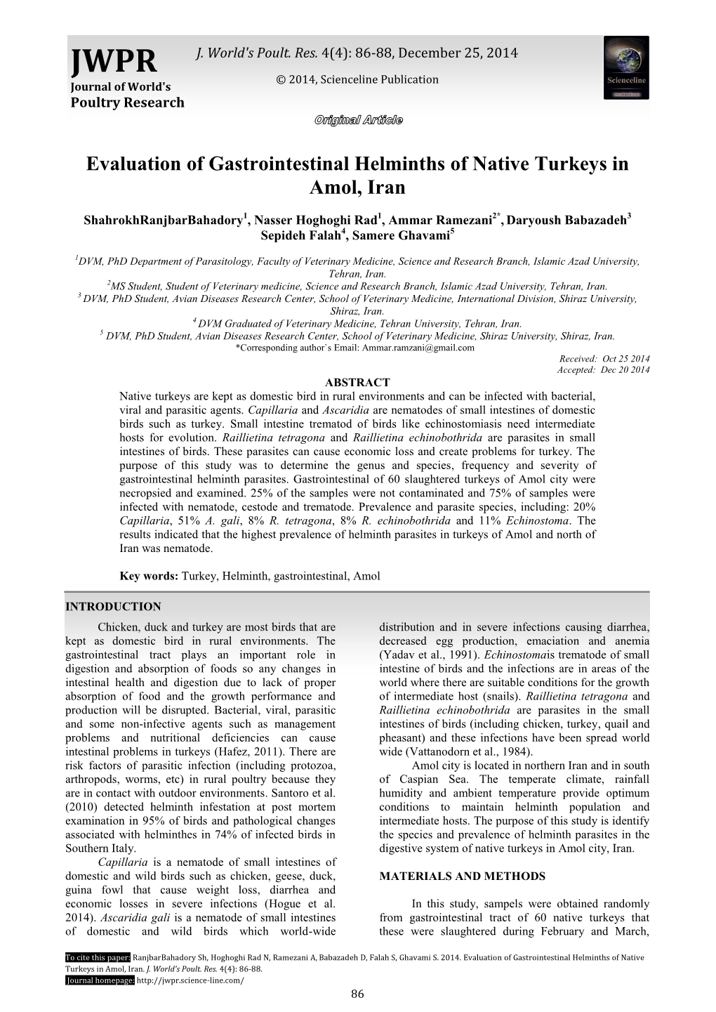 Evaluation of Gastrointestinal Helminths of Native Turkeys in Amol, Iran