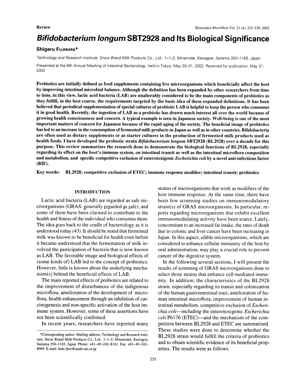 Bifidobacterium Longum SBT2928 and Its Biological Significance