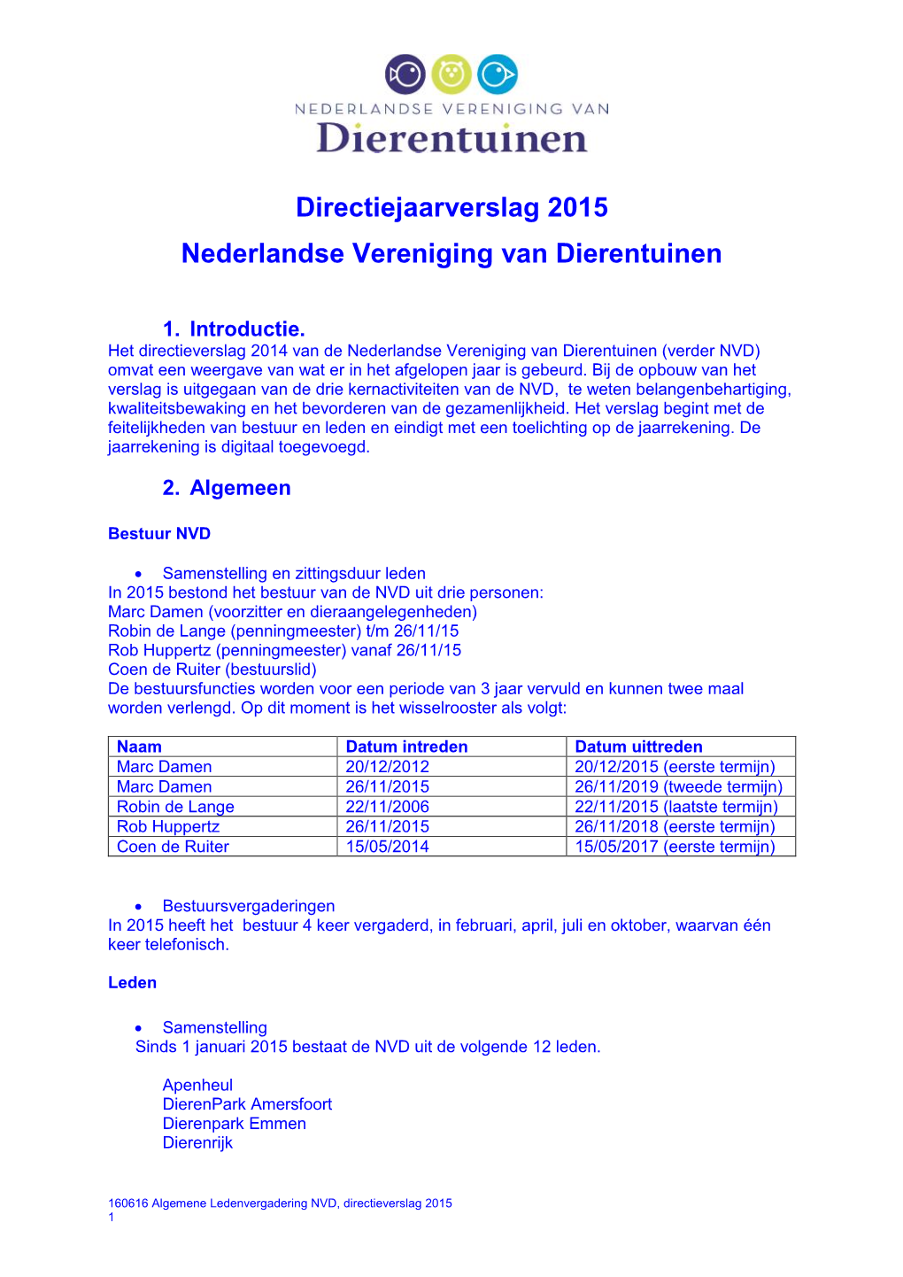 Directiejaarverslag 2015 Nederlandse Vereniging Van Dierentuinen