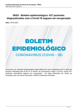 Boletim Epidemiológico: 437 Pacientes Diagnosticados Com a Covid-19 Seguem Em Recuperação