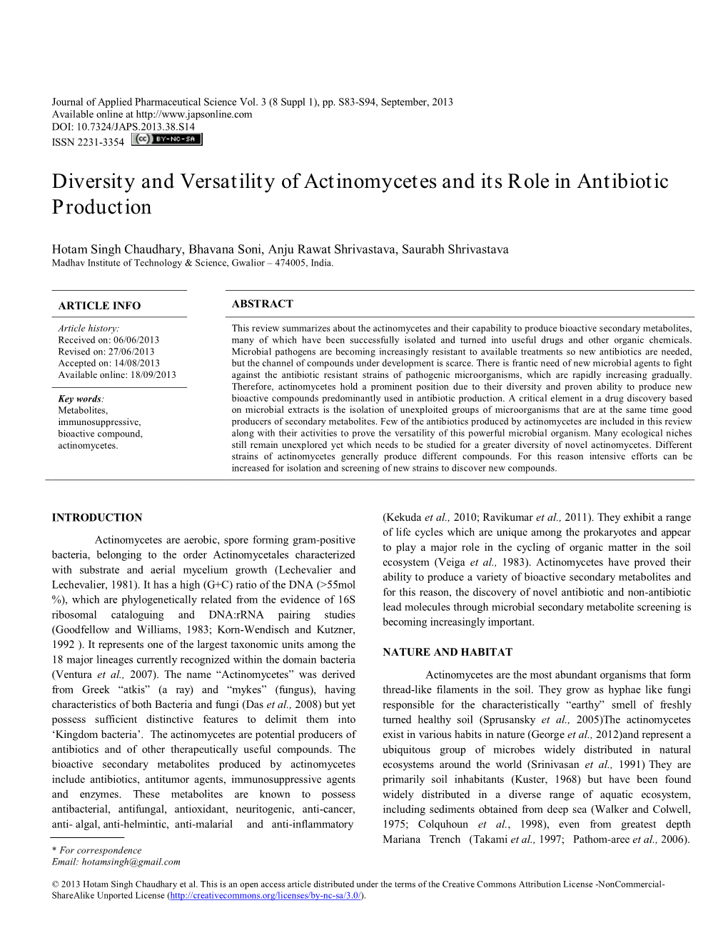 Diversity and Versatility of Actinomycetes and Its Role in Antibiotic Production