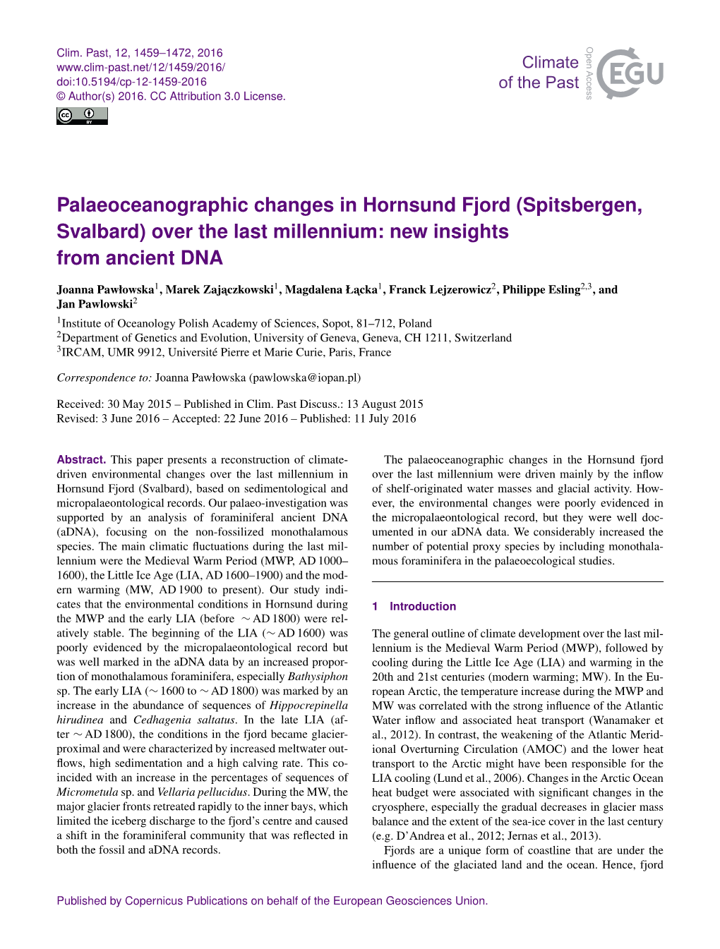 Palaeoceanographic Changes in Hornsund Fjord (Spitsbergen, Svalbard) Over the Last Millennium: New Insights from Ancient DNA