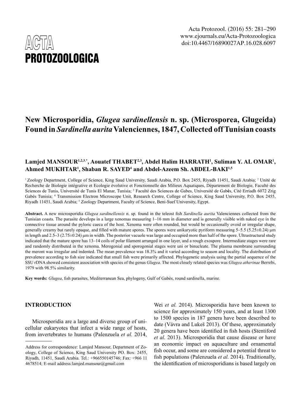 New Microsporidia, Glugea Sardinellensis N Sp (Microsporea