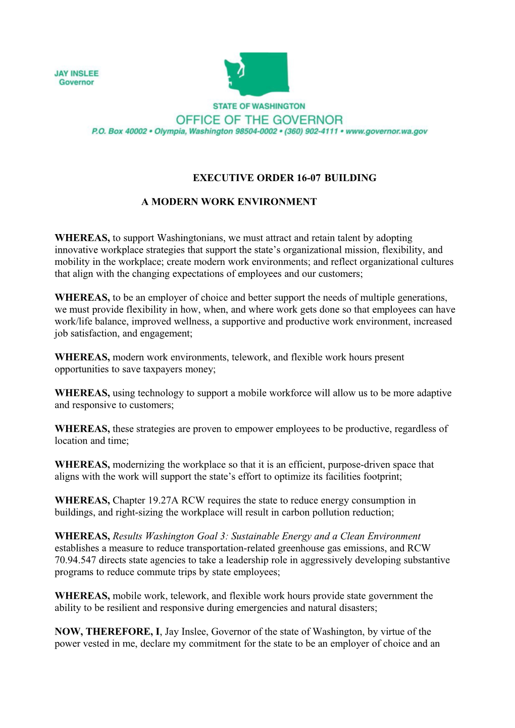 Executive Order 16-07 Building a Modern Work Environment