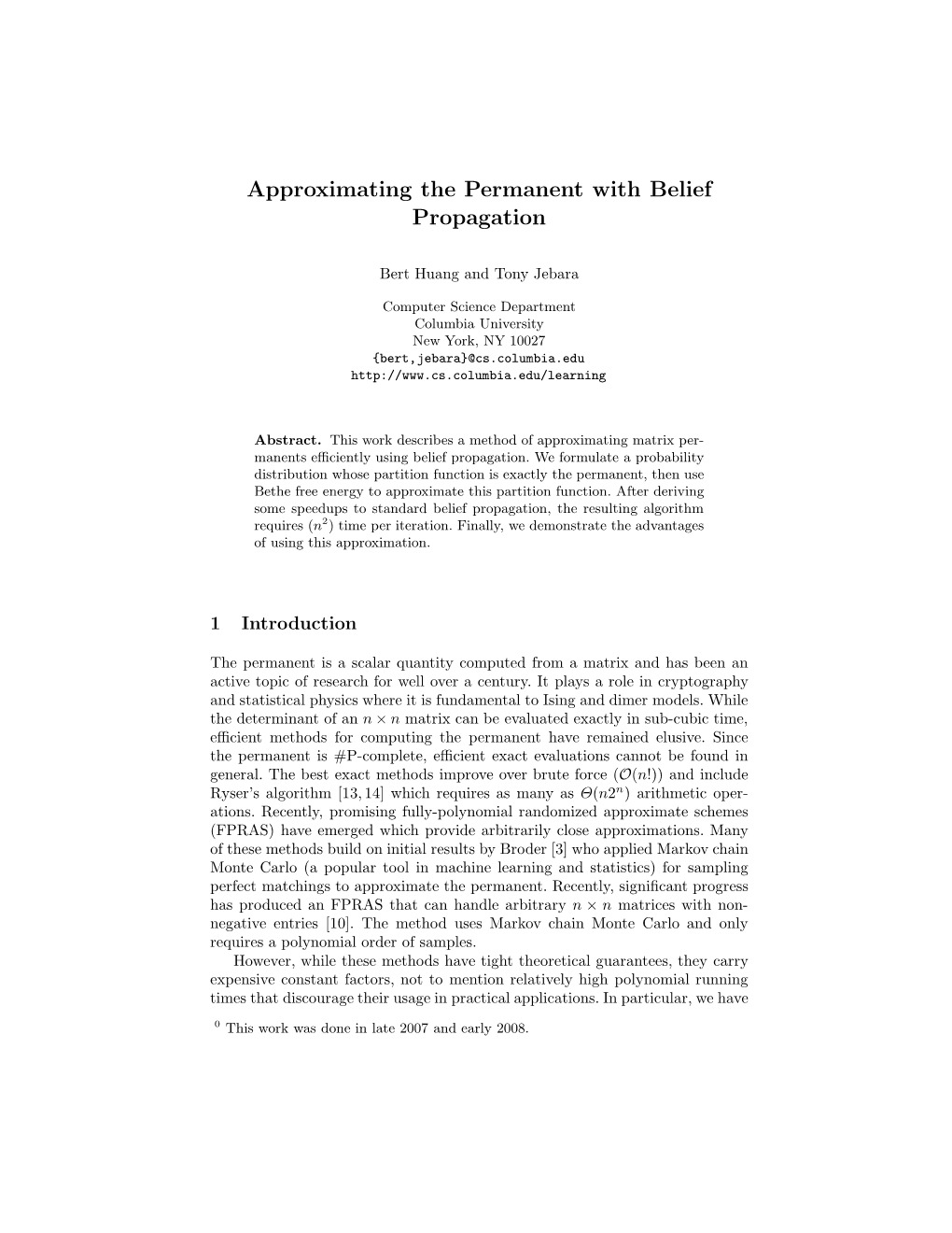 Approximating the Permanent with Belief Propagation