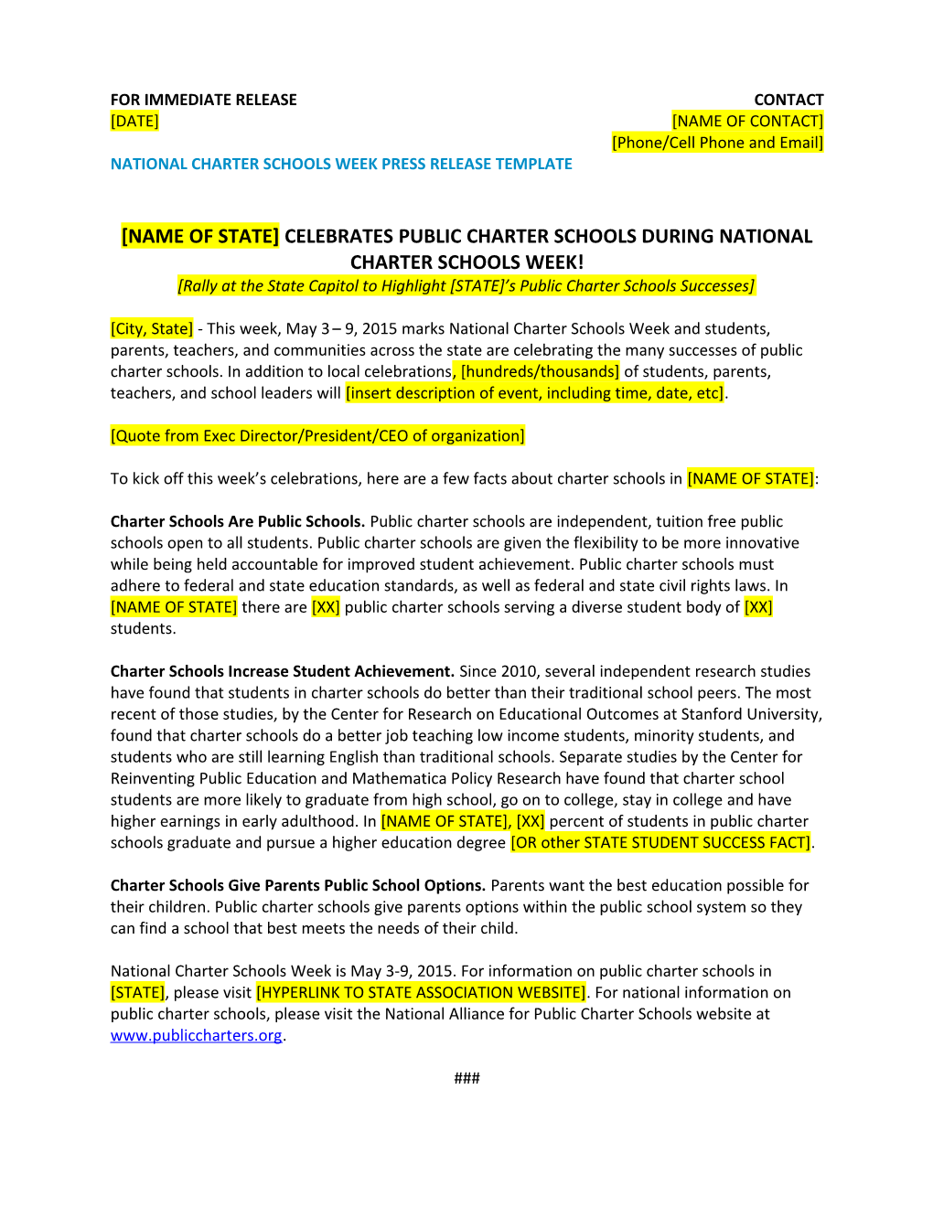 National Charter Schools Week Press Release Template