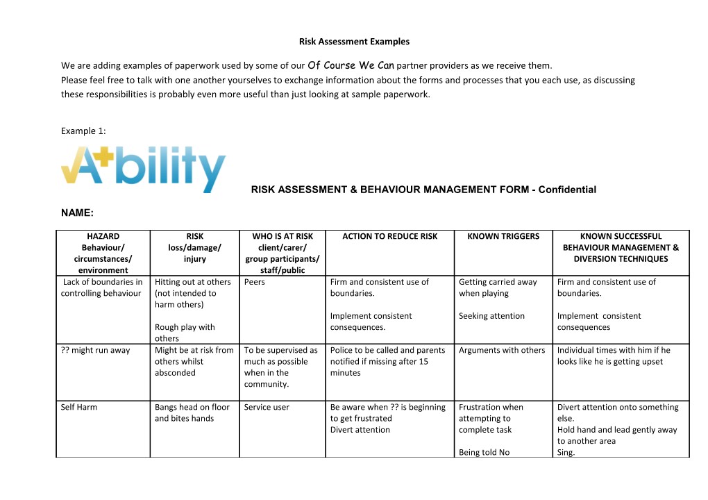 Risk Assessment Examples