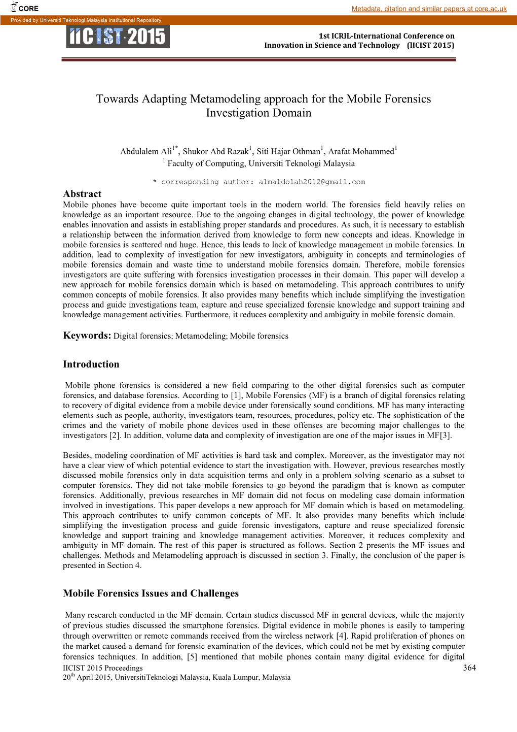 Towards Adapting Metamodeling Approach for the Mobile Forensics Investigation Domain