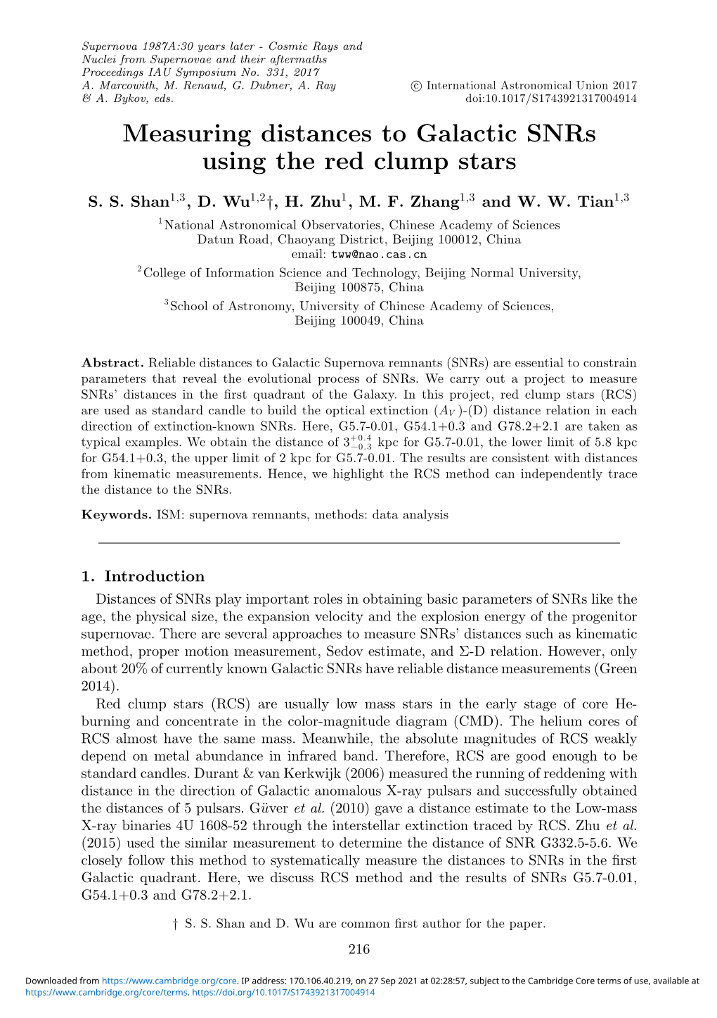 Measuring Distances to Galactic Snrs Using the Red Clump Stars