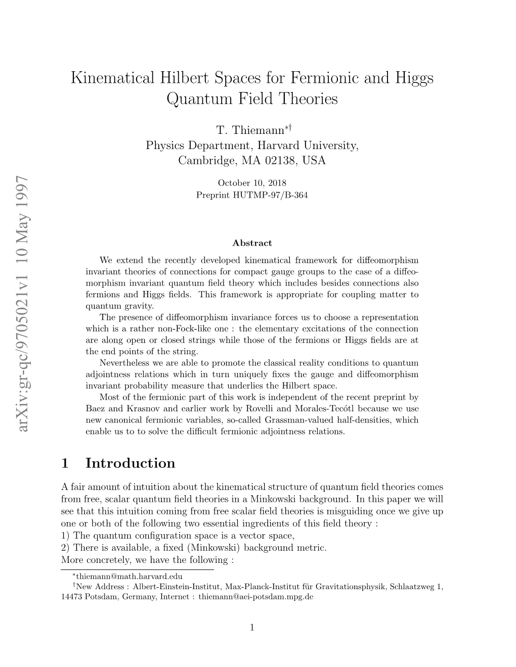 Kinematical Hilbert Spaces for Fermionic and Higgs Quantum