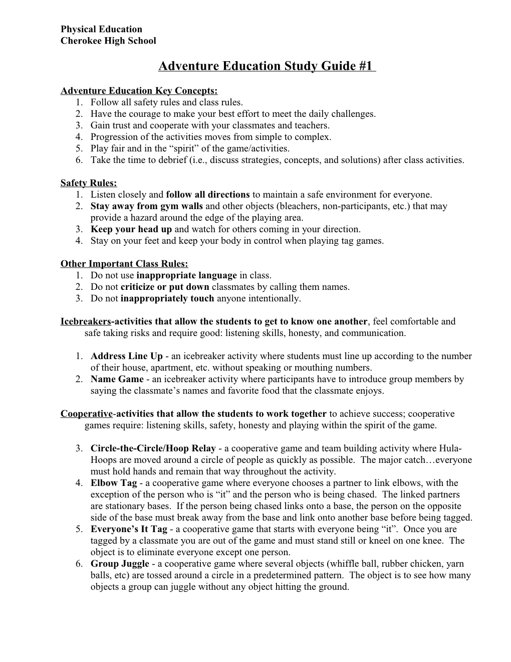 10Th Grade Adventure Education Study Guide #1