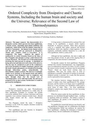Ordered Complexity from Dissipative and Chaotic Systems, Including the Human Brain and Society and the Universe; Relevance of the Second Law of Thermodynamics