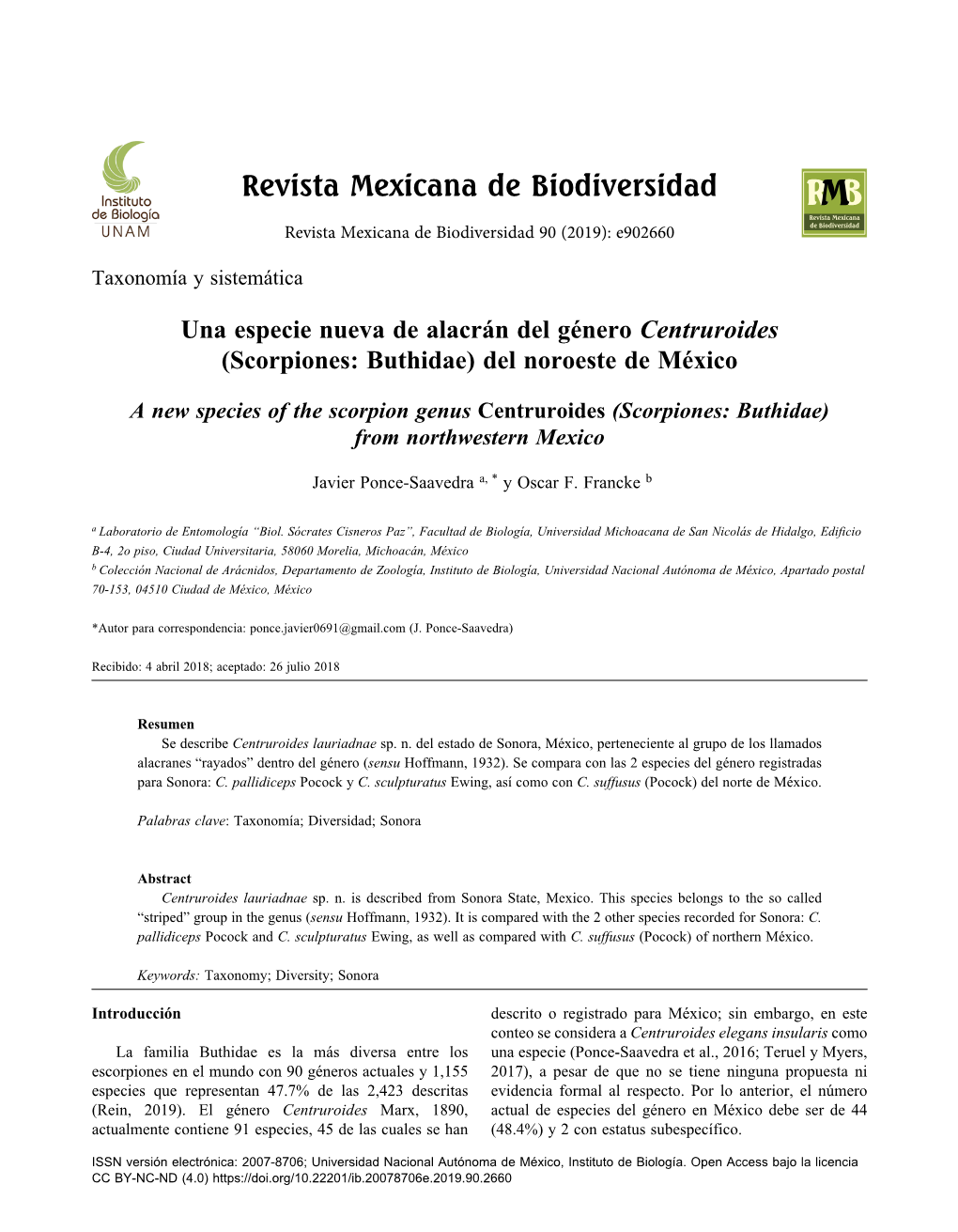 Una Especie Nueva De Alacrán Del Género Centruroides (Scorpiones: Buthidae) Del Noroeste De México