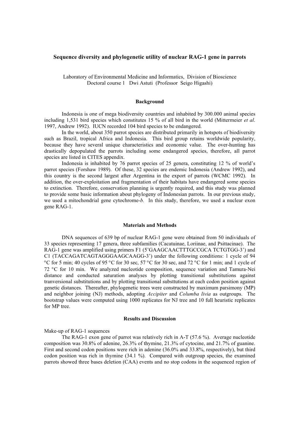 Sequence Diversity and Phylogenetic Utility of Nuclear RAG-1 Gene in Parrots