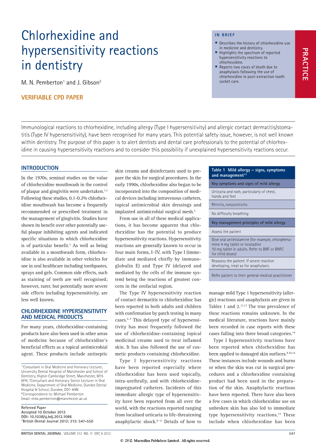 Chlorhexidine and Hypersensitivity Reactions in Dentistry