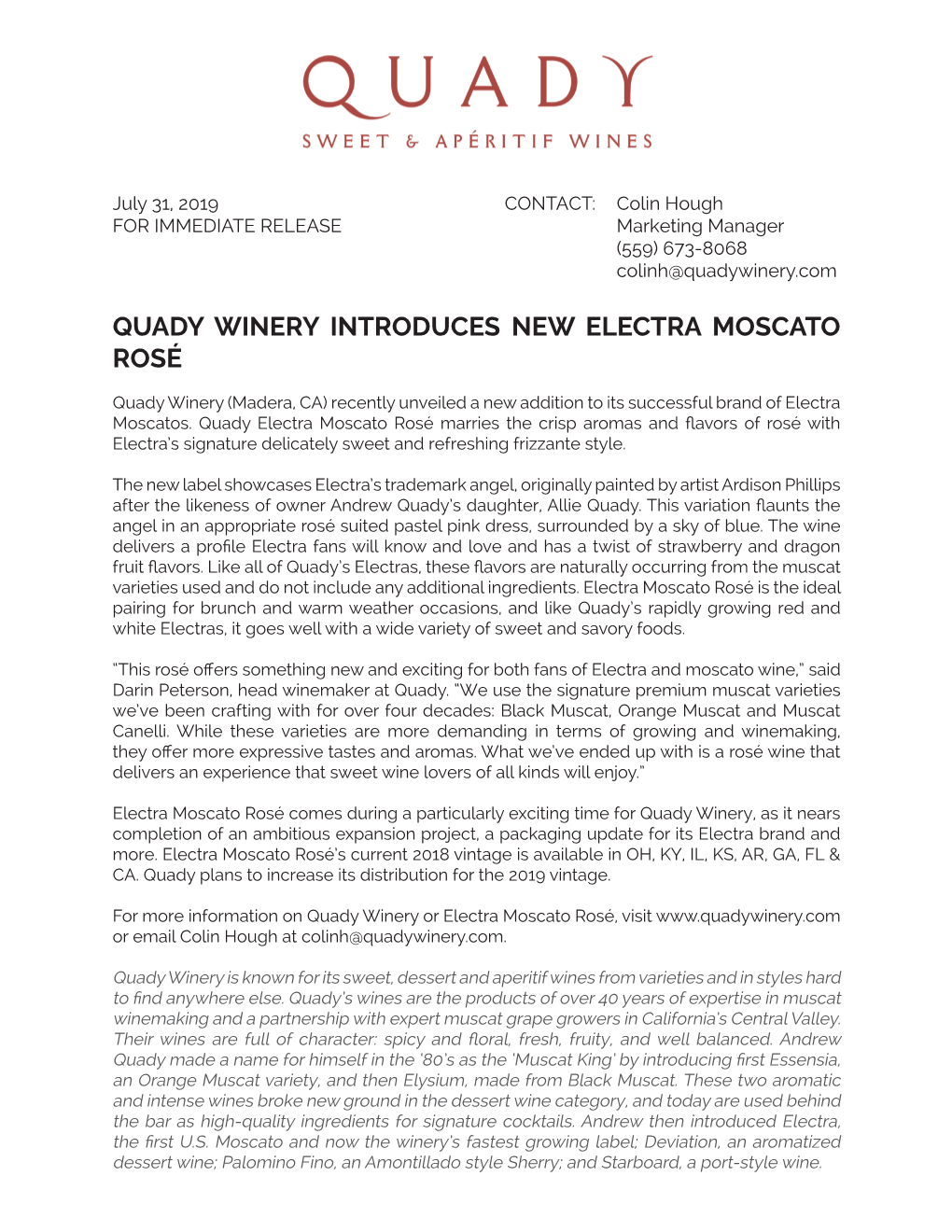 Quady Winery Introduces New Electra Moscato Rosé