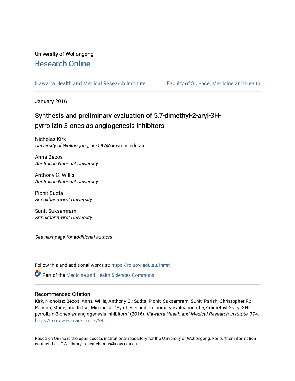 Synthesis and Preliminary Evaluation of 5,7-Dimethyl-2-Aryl-3H- Pyrrolizin-3-Ones As Angiogenesis Inhibitors